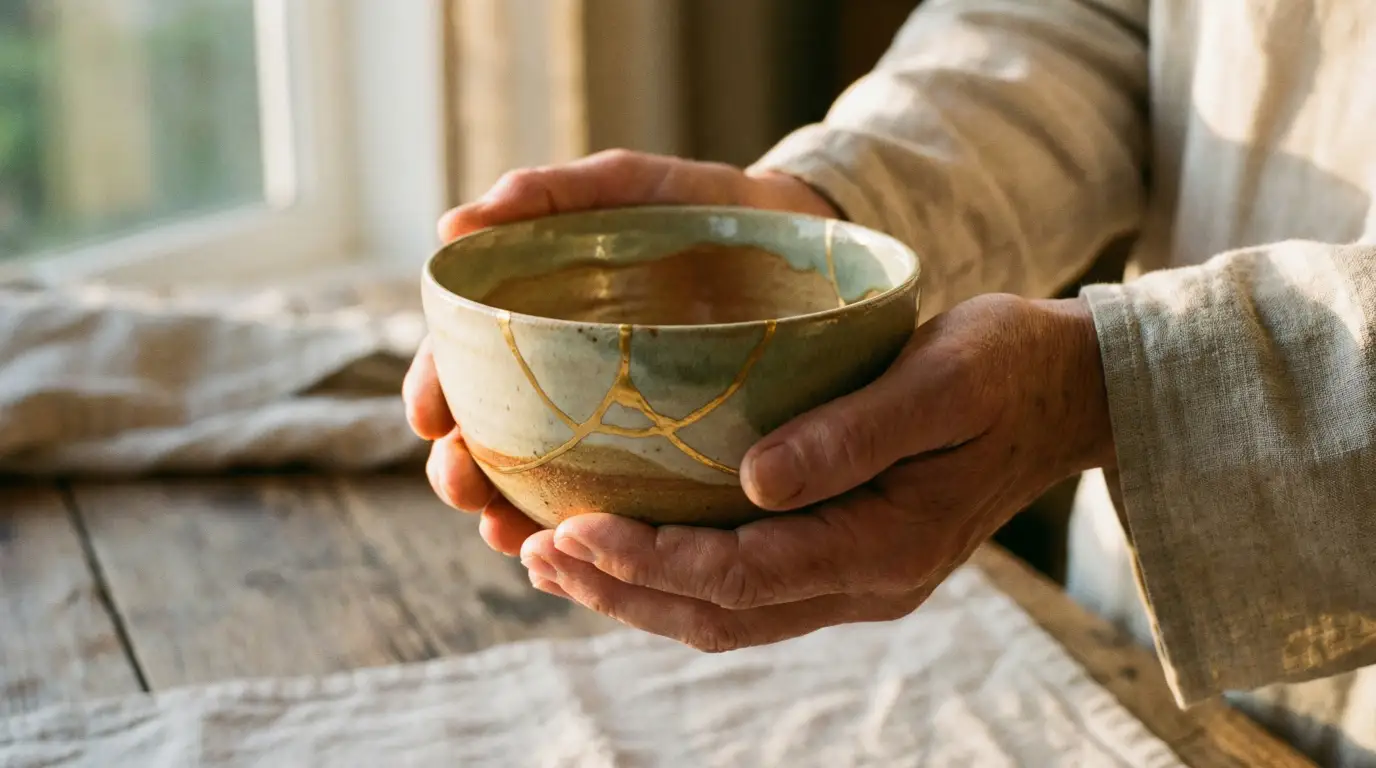 Two hands gently holding a ceramic bowl repaired with gold lacquer (Kintsugi) over a rustic wooden table.
