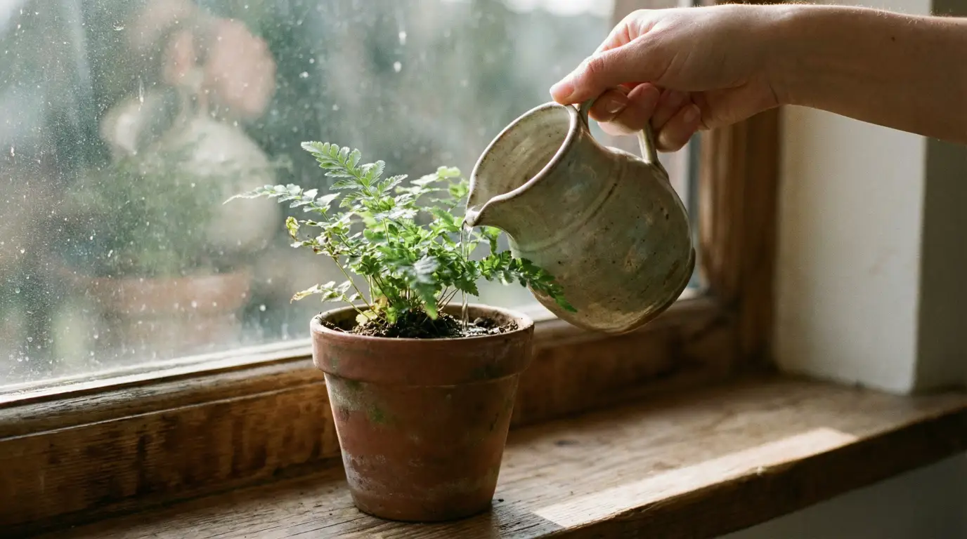 A hand holding a small ceramic pitcher pouring water into a terracotta pot with a fern, sitting on a wooden windowsill with a blurry, rainy window in the background.
