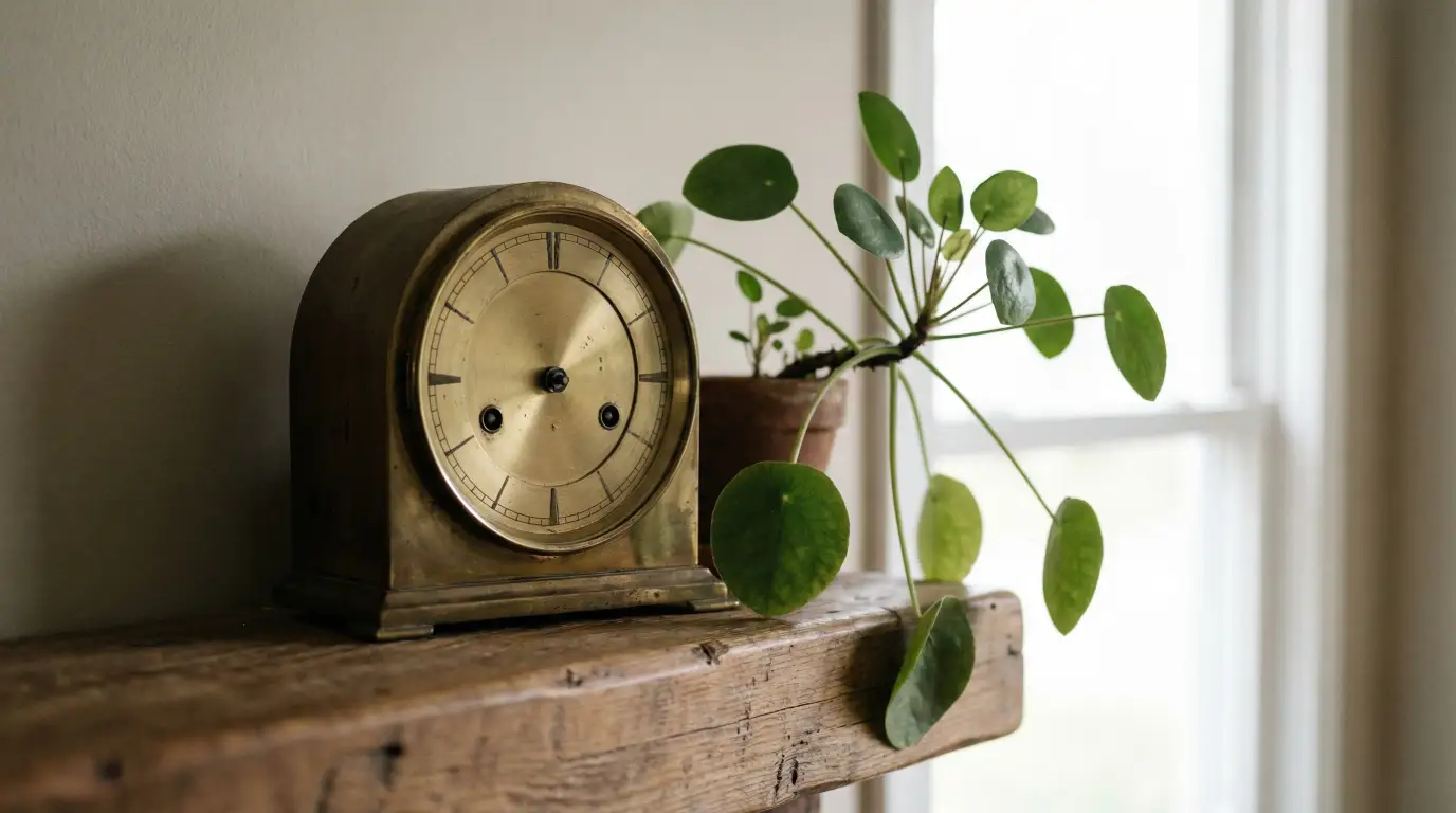 A brass vintage clock and a Pilea peperomioides plant in a terracotta pot sitting on a rustic wooden shelf next to a window.