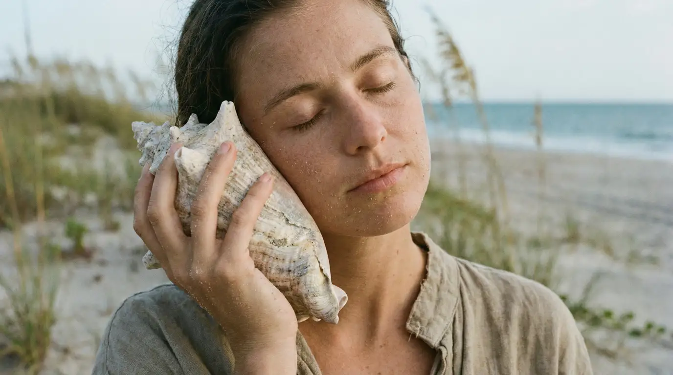 A close-up of a woman with her eyes closed and sand on her face, holding a large seashell to her ear on a beach with the ocean in the background.