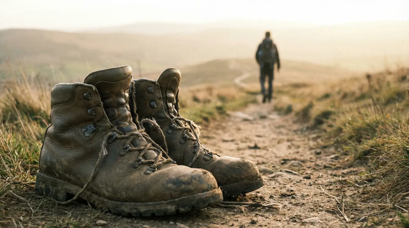 A pair of old, muddy leather hiking boots resting on a dirt path, with a person walking away in the blurred background on a sunny, grassy hill.