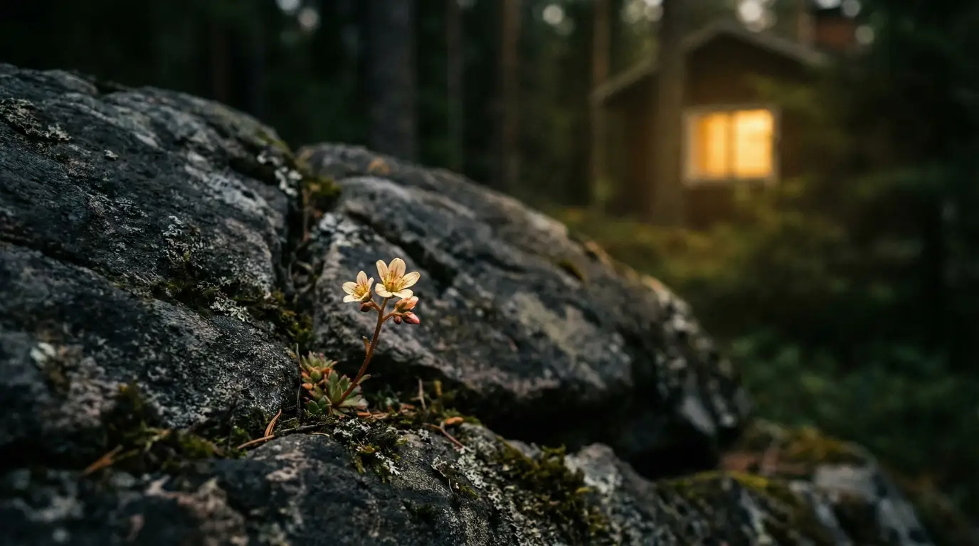 A close-up of a small, pale pink and yellow flower growing from a crevice in a mossy, dark rock, with a softly lit cabin window visible in the blurred forest background.