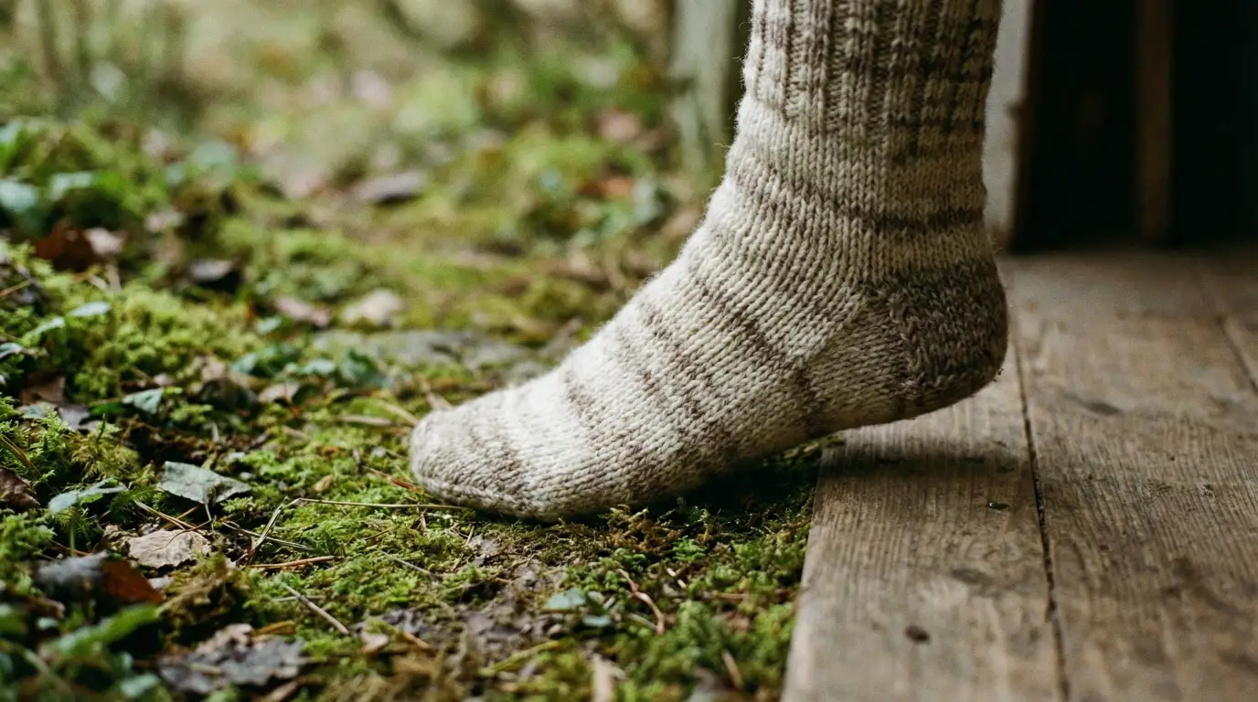 A person's foot wearing a thick, striped wool sock stepping onto mossy ground next to a wooden floorboard.