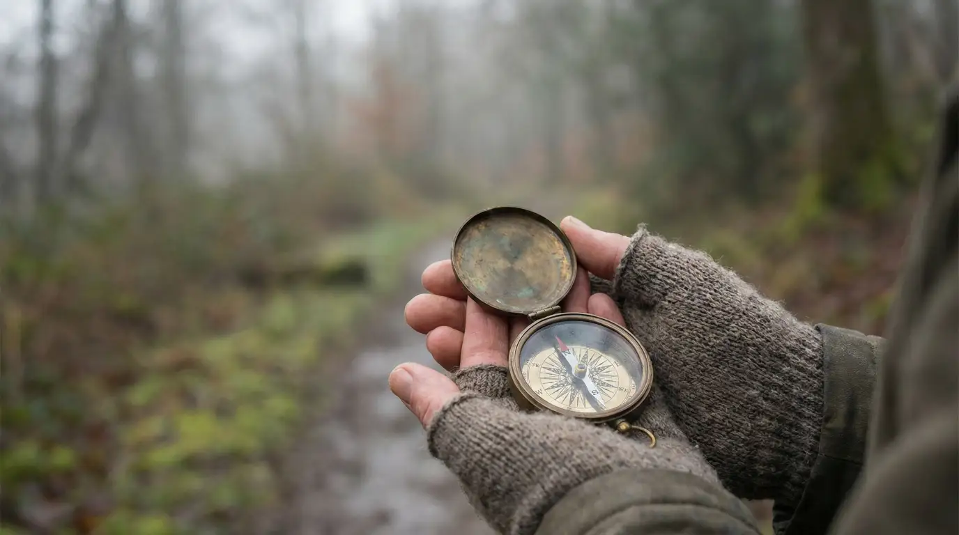 Close-up of hands in wool fingerless gloves holding an old brass compass on a foggy path; the needle is settling.