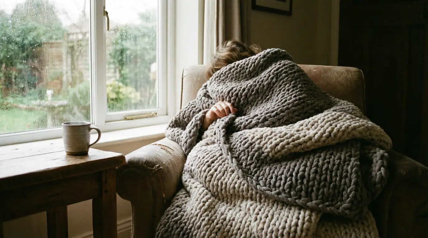 A person curled up and hidden beneath a heavy, chunky grey knit blanket in an armchair next to a rainy window with a mug of tea.