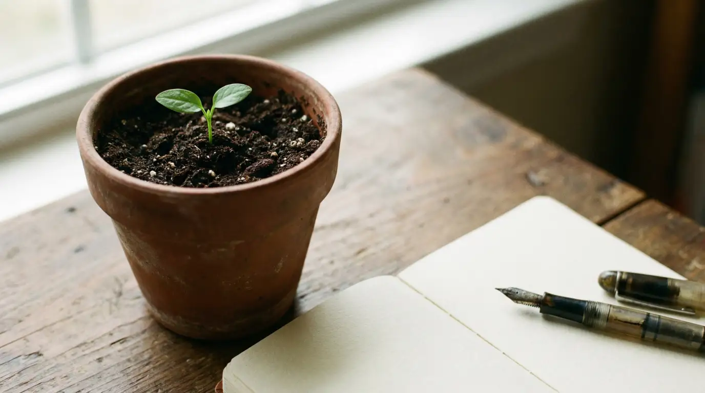 A fresh green seedling sprouting from soil in a terracotta pot, sitting on a wooden table next to an open blank notebook and a fountain pen.