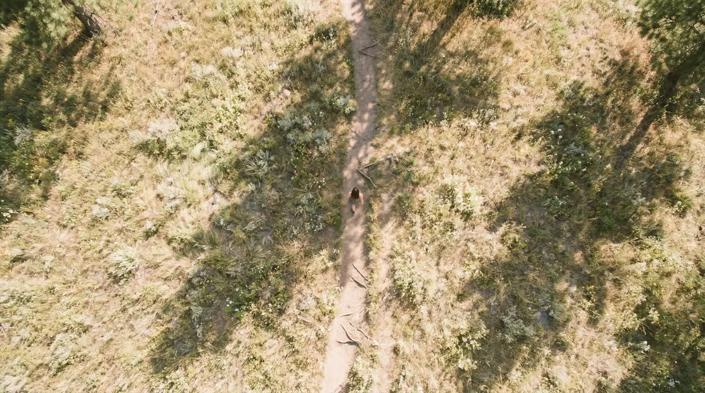 A top-down aerial view of a winding dirt path cutting through a field of dry grass and scattered trees, with a person walking along the trail.