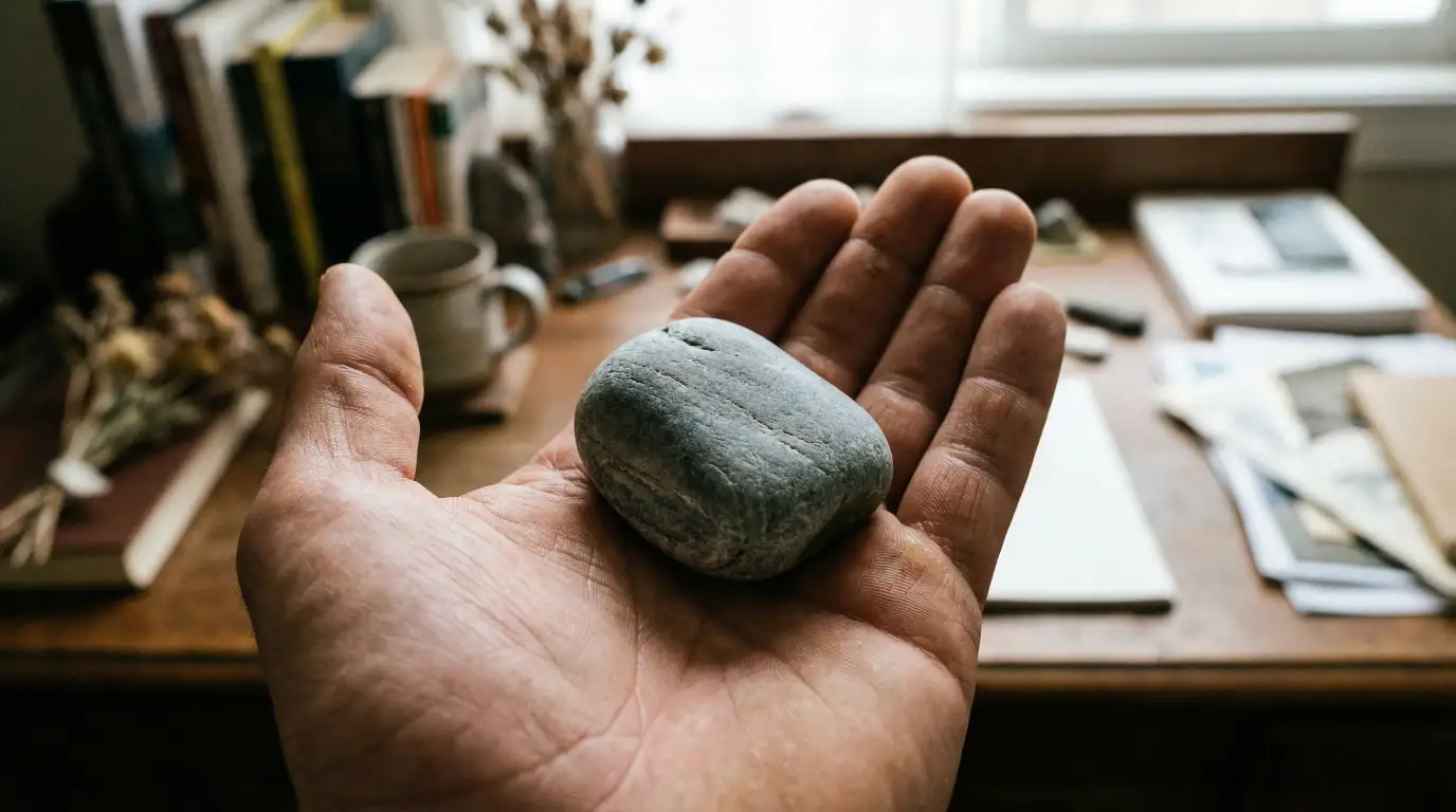 A close-up, first-person view of an open hand holding a single, smooth grey river stone, with a wooden desk, books, and a mug softly blurred in the background.