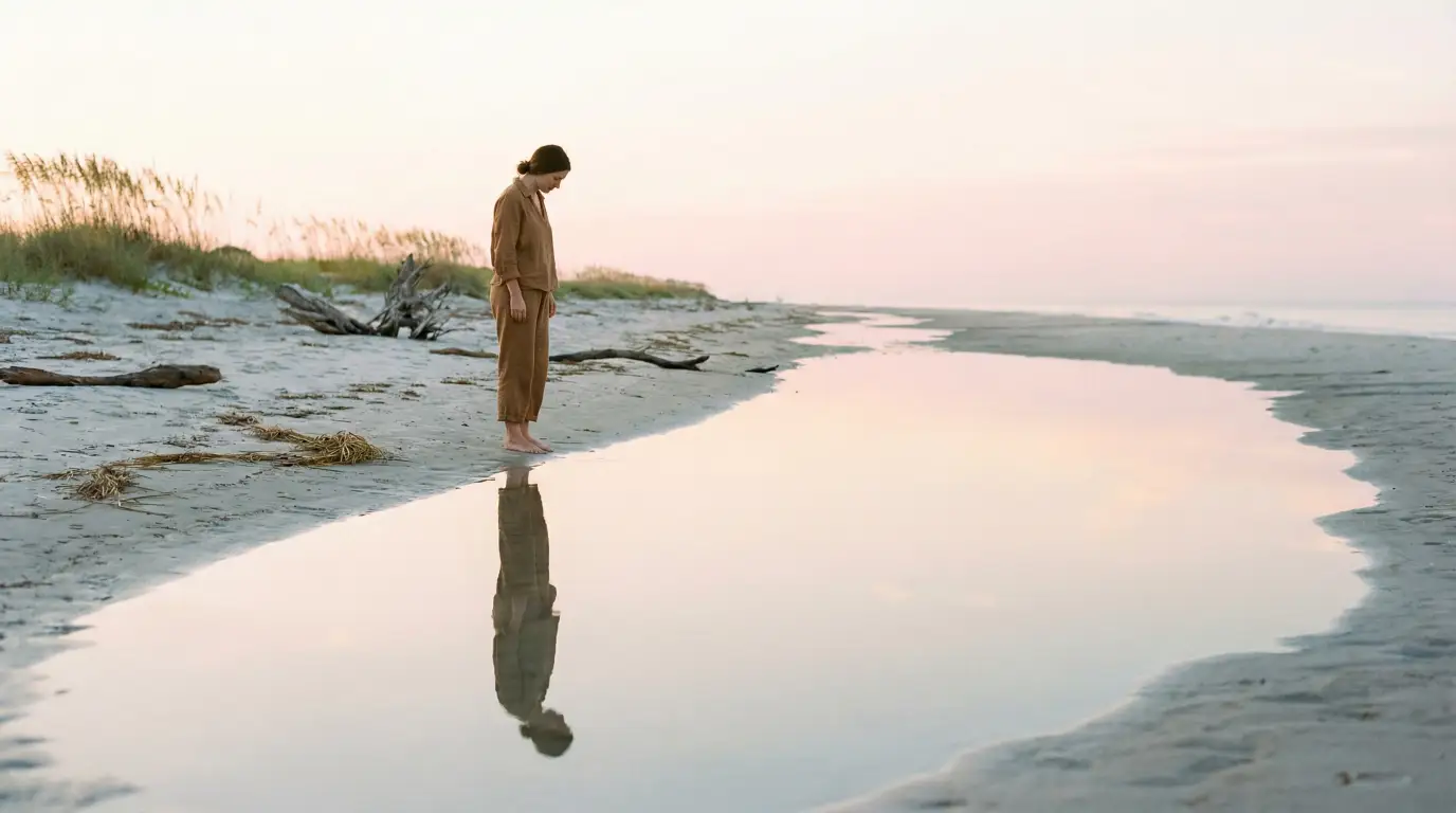 A person standing at the edge of a tidal pool on a sandy beach at sunset, looking down at their clear reflection in the water.