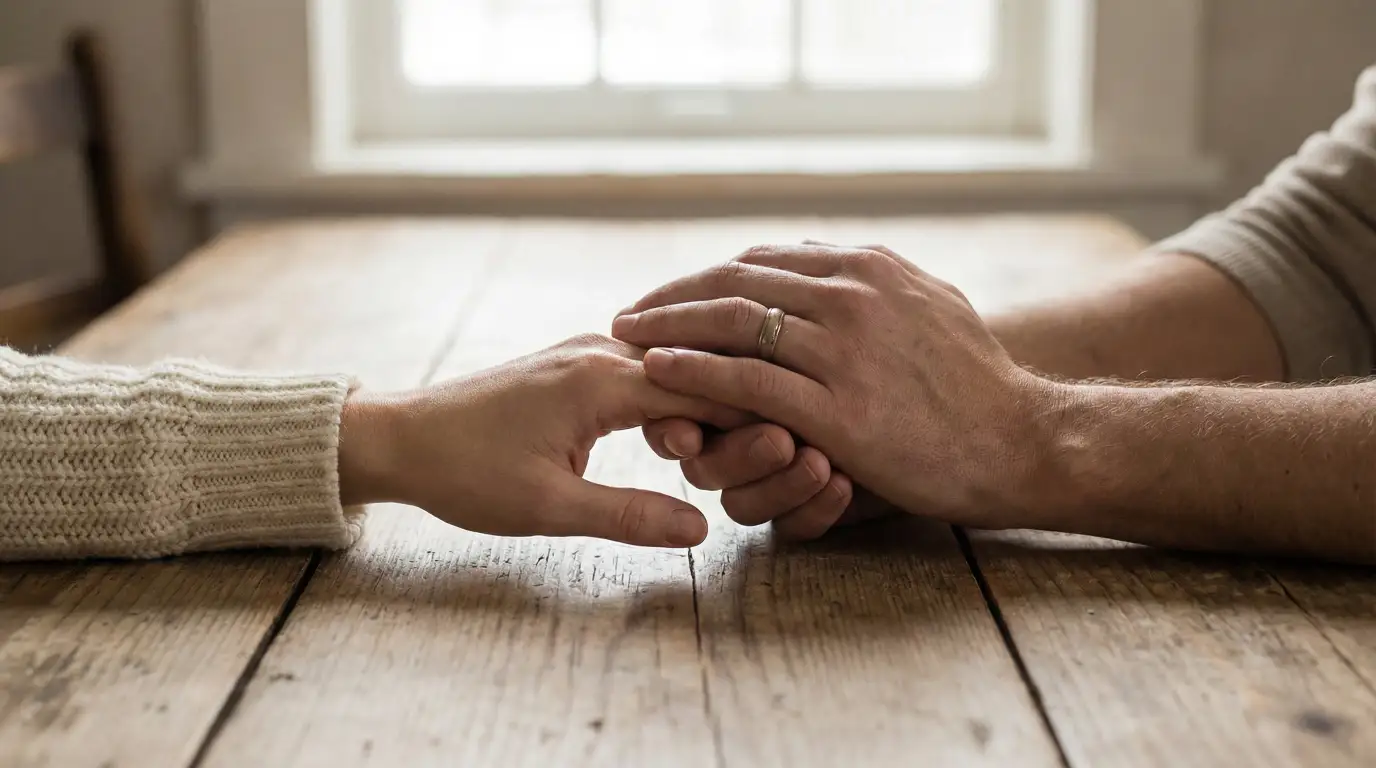 Two people's hands clasped together resting on a wooden table, with one person wearing a cable-knit sweater and a wedding band.