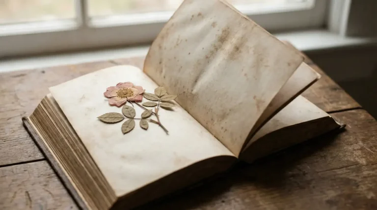 An open antique book on a wooden table with aged, textured pages, featuring a dried pink rose and its green leaves pressed onto the left page.
