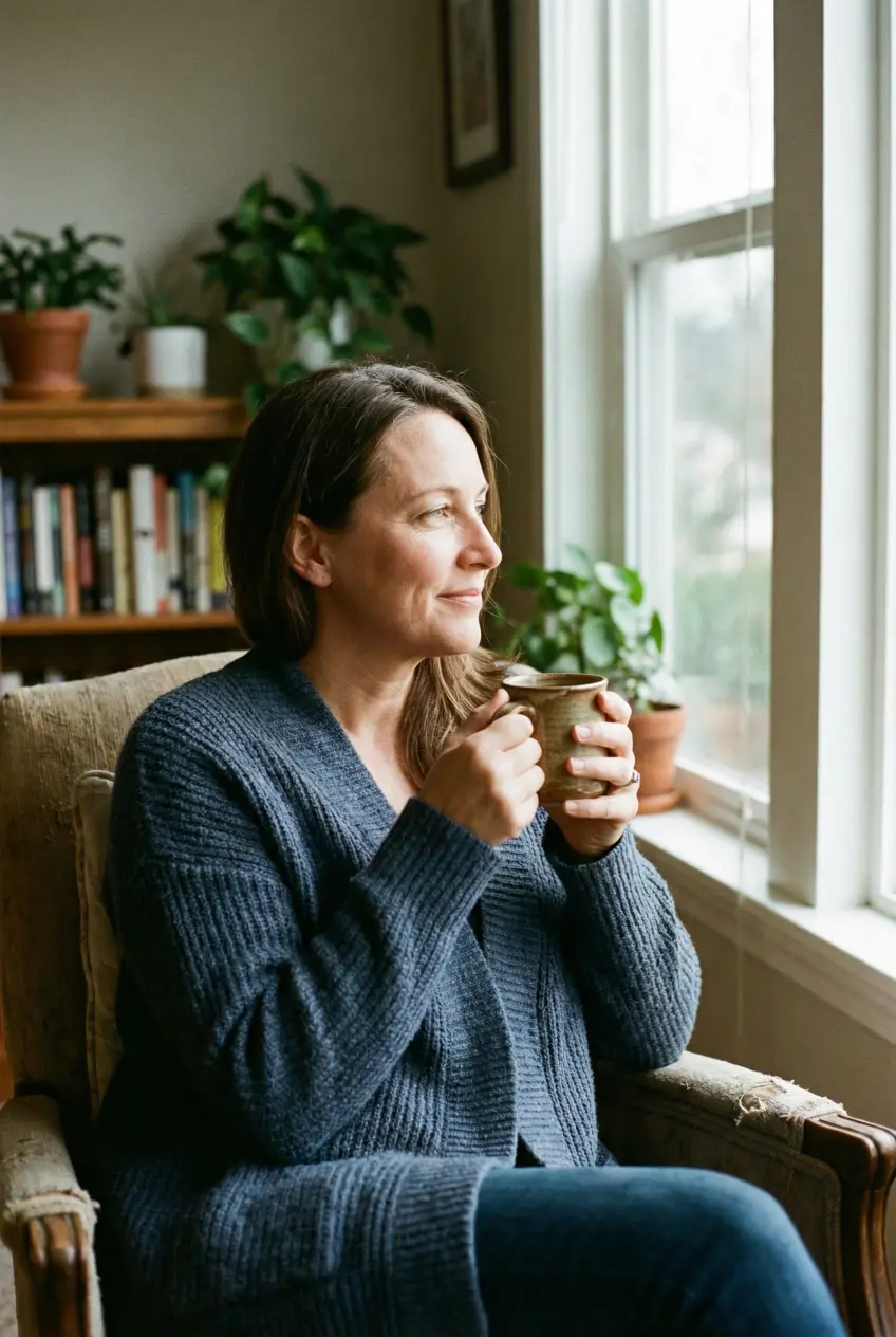 A woman wearing a textured blue cardigan sits in a comfortable armchair near a bookshelf, holding a warm ceramic mug with both hands and smiling gently while looking out a bright window.